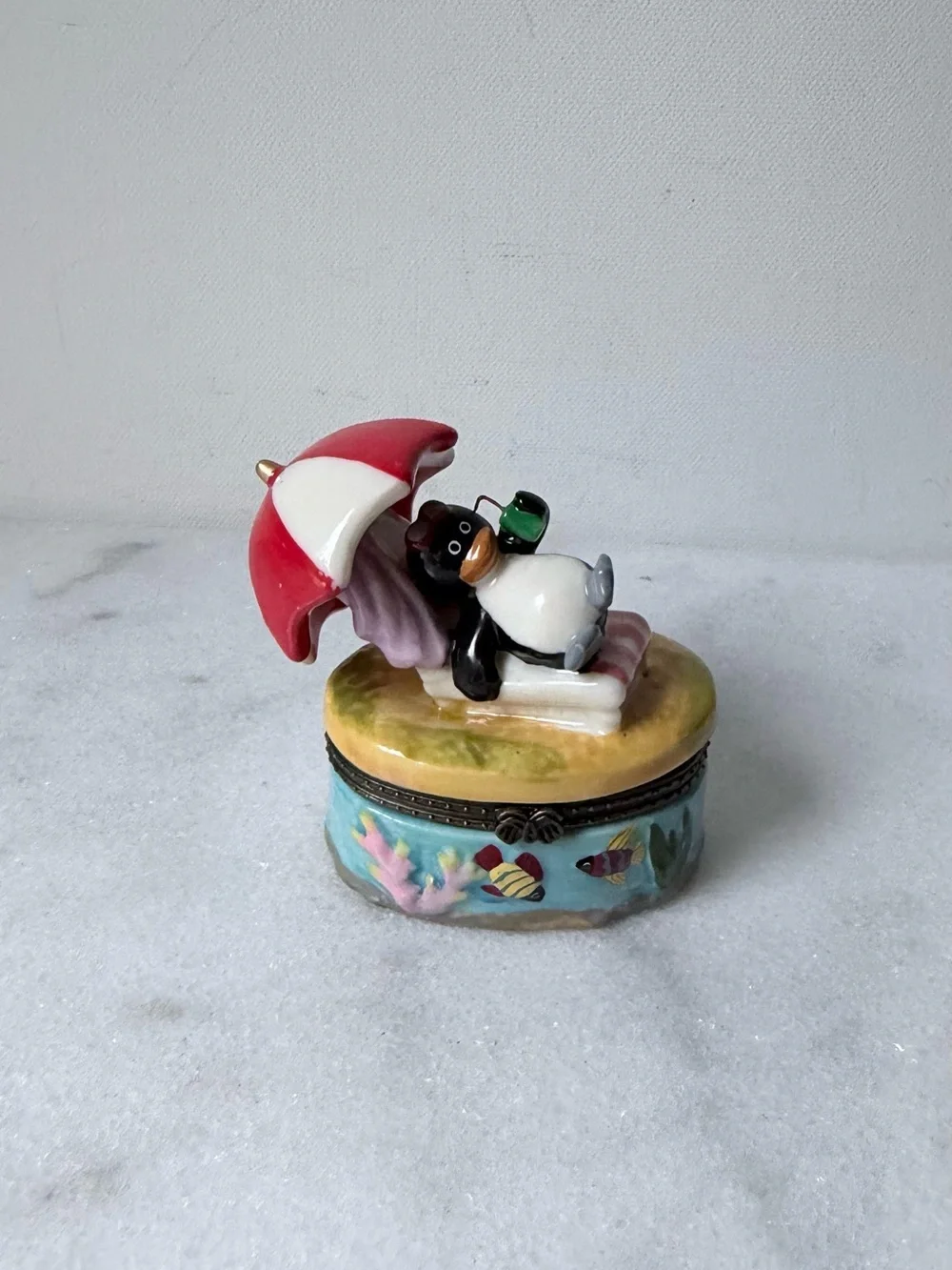 Hand-Painted Penguin Trinket Box with Red Umbrella